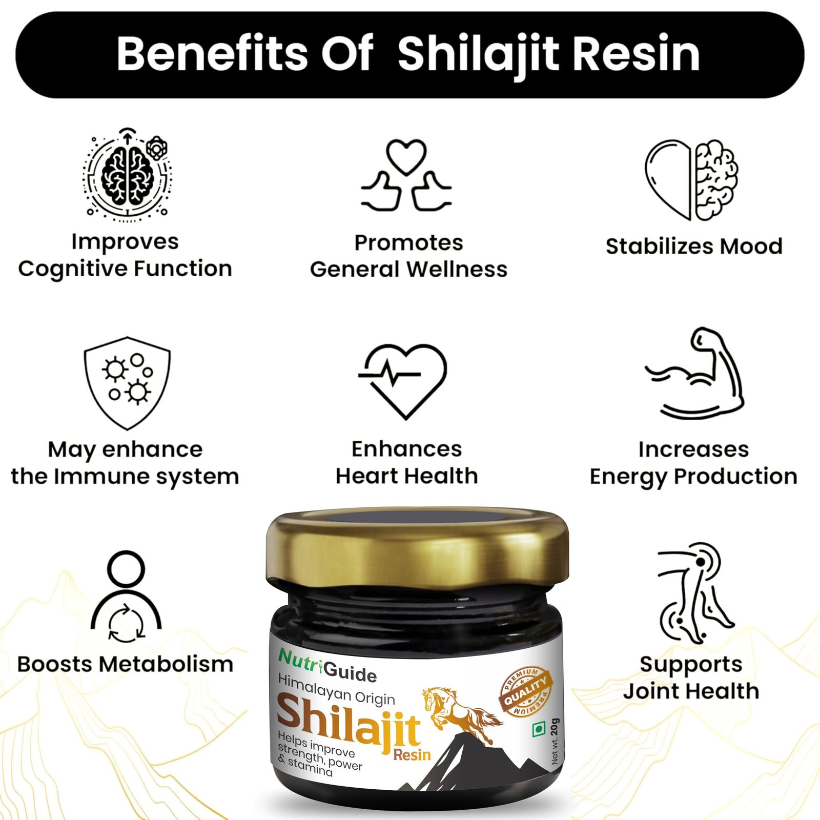 Shilajit resin jar with mountains/herbs